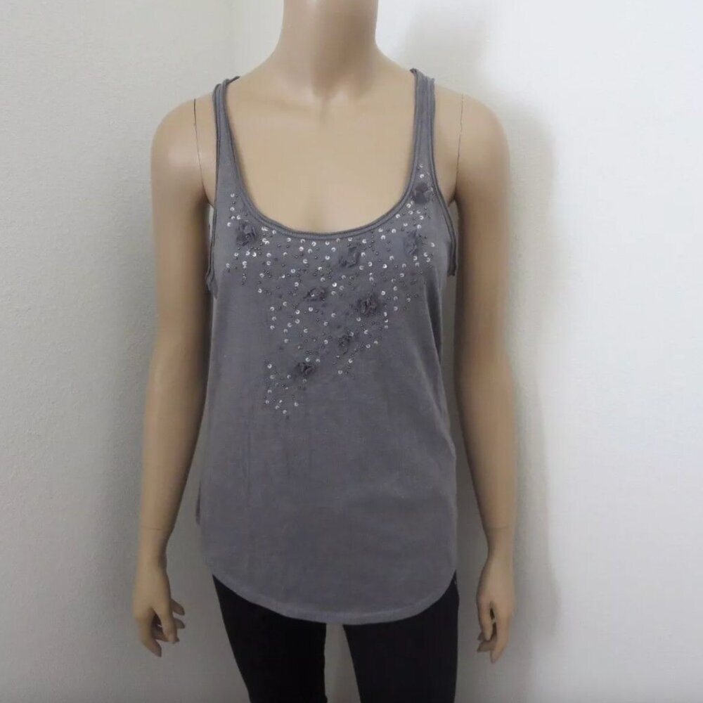 Hollister Sequin Flower Embellished Tank Top Size Medium Dark Gray